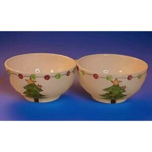 Tabletops Gallery Ceramic Bowls Hand Painted Button Christmas Tree Set of 2